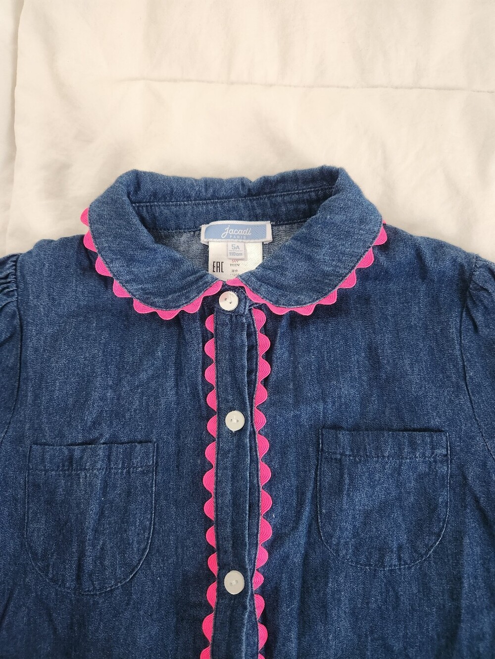 Jacadi Paris Girls Top Size 5a Blue Denim Pink Trim